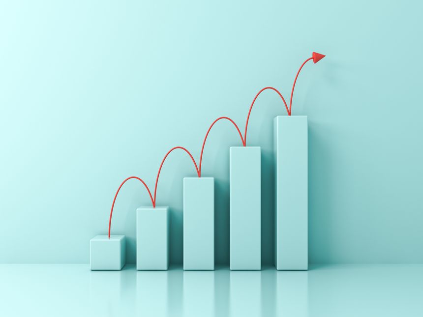 Progress 3d bar graph or jumping up steps bar chart with red arrow creative idea concepts isolated on green blue pastel color background with shadow and reflection  3D rendering