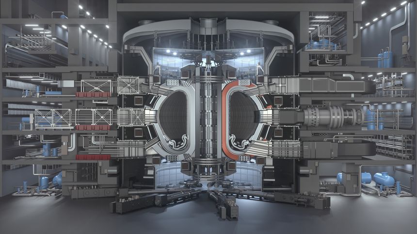 ITER Fusion Reactor. Tokamak. Thermonuclear Experimental power plant. Industrial zone with power station atomic energy production. 3D Render