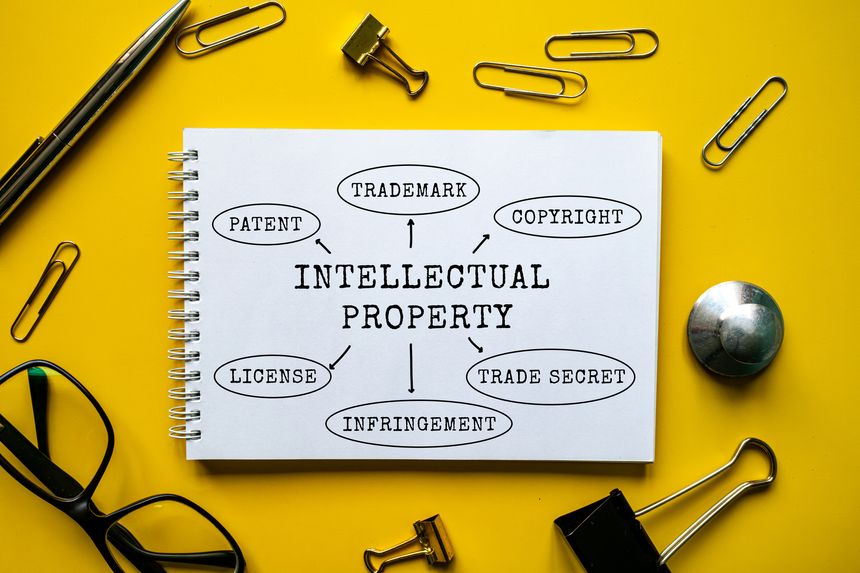 Intellectual Property mind map diagram with patent, trademark, copyright, license, infringement, trade secret on notepad