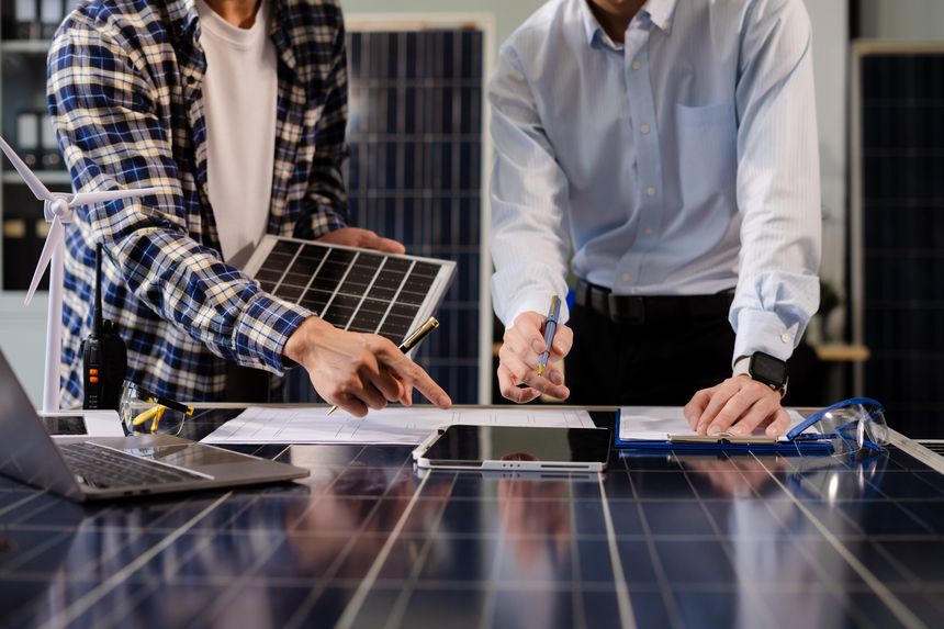 Engineering Team working with blueprints for sketching a construction project, green energy and solar panel concept.