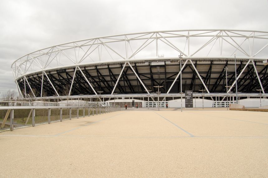 London, UK - March 19, 2016:  The former Olympic stadium now converted for the use of West Ham United football club in Queen Elizabeth Park, Stratford.