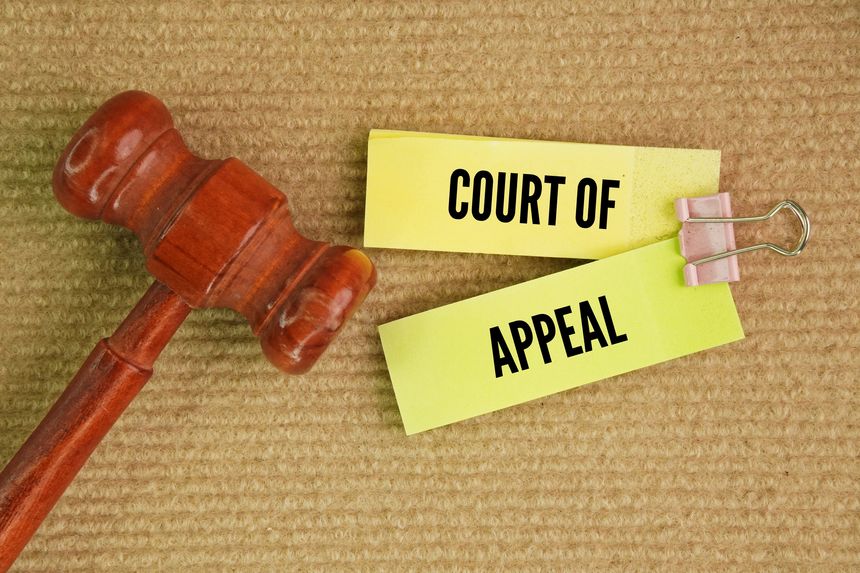 Judge's hammer with the words Court of Appeal. specialized judicial body that reviews decisions made by lower, trial-level courts.