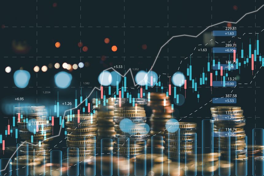 Professional stock market investment concept featuring stacked coins with digital candlestick charts, growth indicators, and financial data analysis for wealth management and ROI strategy.