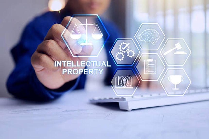 Intellectual property concept with a man writing on balance judgement to show the right possession properties follow law of inventor for new innovation
