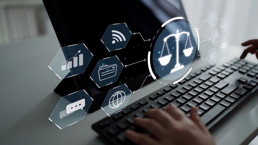 Digital representation of justice and technology merging in an online environment, showcasing the balance between legal and information systems during a virtual interaction.