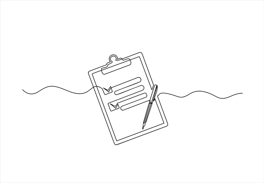 One continuous line drawing of Clipboard with checklist and pen. To do list with ticks and concept for test expertise and exam in simple linear style. Doodle vector illustration