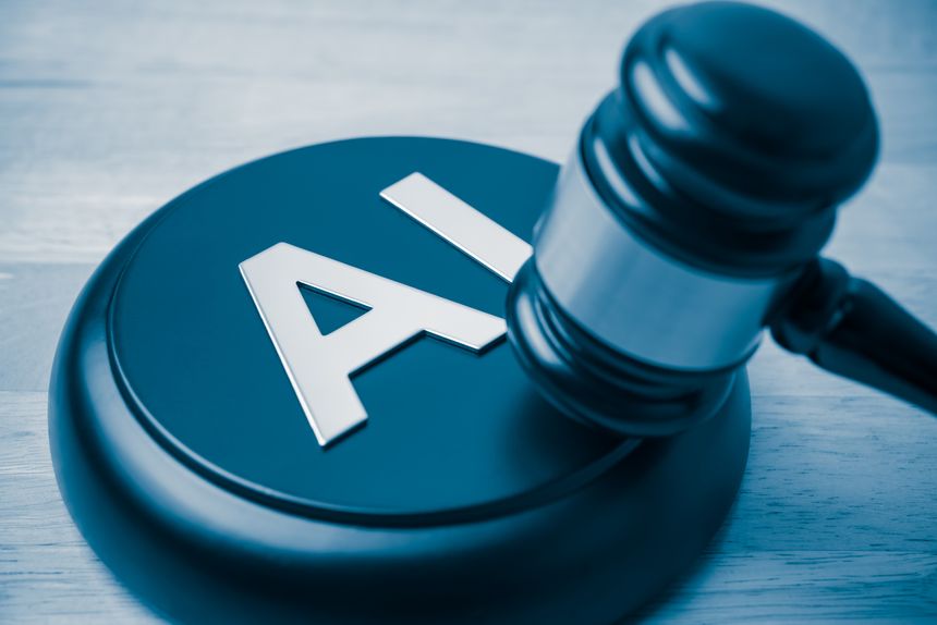 AI artificial intelligence alphabet and hammer judge gavel on wooden table background. Artificial intelligence AI law, regulation, act concept.