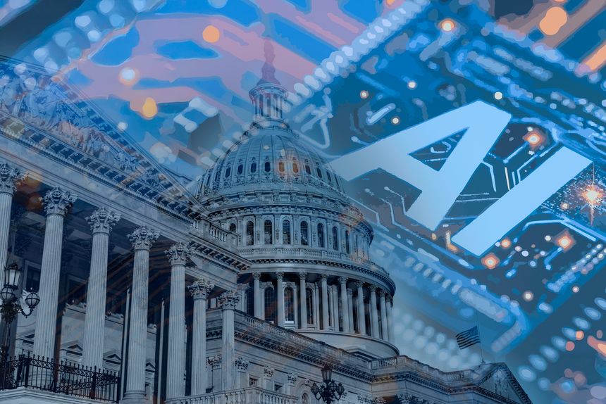 Photo of the United States Capitol with overlayed computer circuitry. The regulation of ai will be important in the changing world