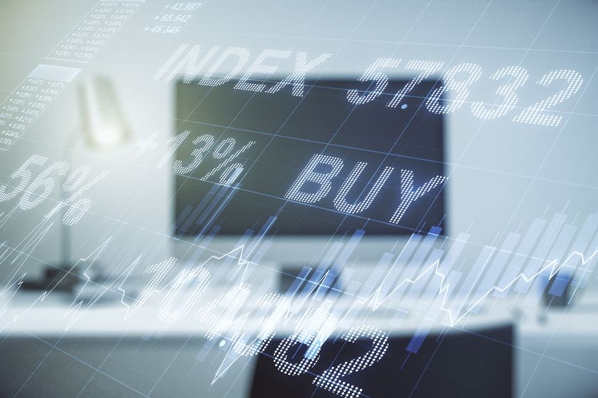 Double exposure of abstract creative financial diagram on modern laptop background, banking and accounting concept