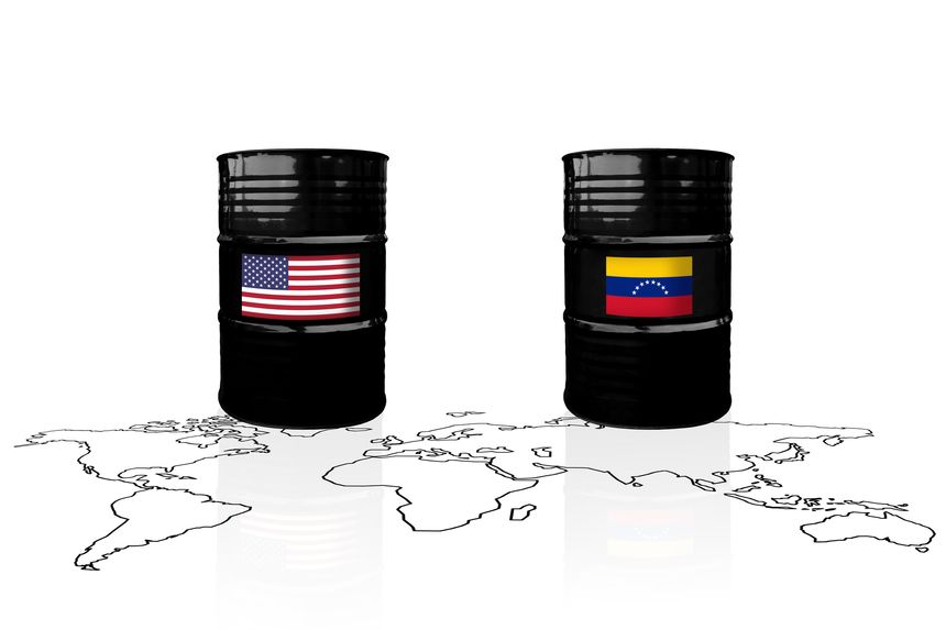 Crude oil barrels with US and Venezuela flags on a world map