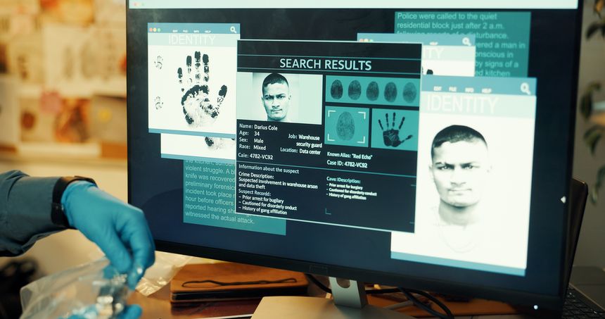 Computer screen, suspect or hands of detective with evidence for crime, DNA lead or investigation. Private investigator, person or criminal profile for digital forensics, arson or database comparison