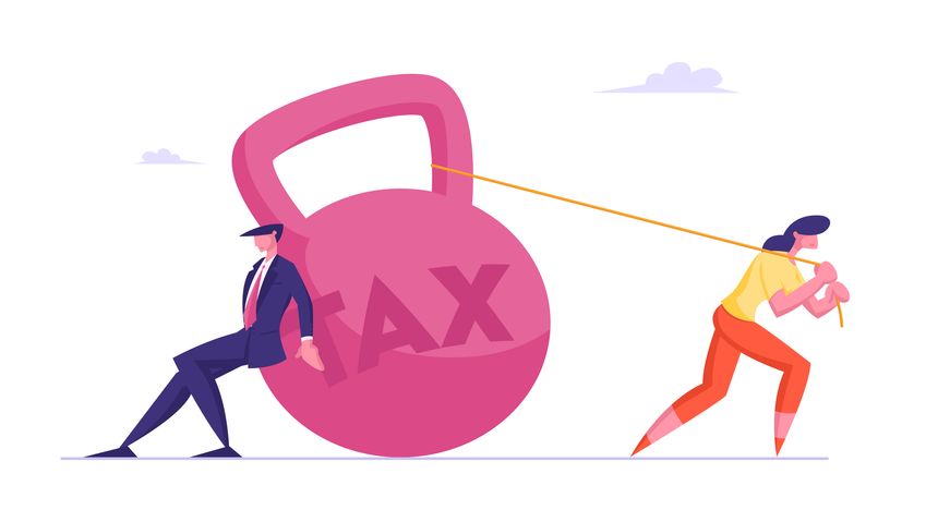 Business Taxation Concept, Businesspeople Pull and Push Huge Heavy Weight with Tax Inscription. Bank Loan, Taxpayers Make Payment Financial Bankruptcy and Poverty Cartoon Flat Vector Illustration