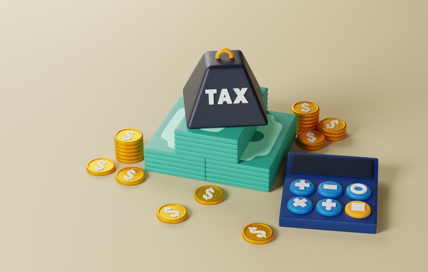 Tax burden signs on dollar bills, symbol of financial implications, tax increases. Ideal for conveying concepts of tax mitigation, tax planning, and tax incentives. 3D render illustration