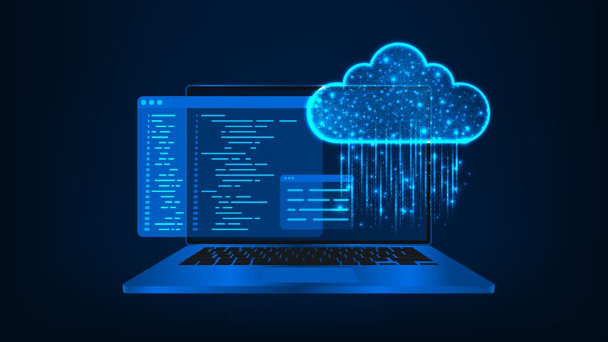 Development software programming concepts abstract programming code with cloud on laptop