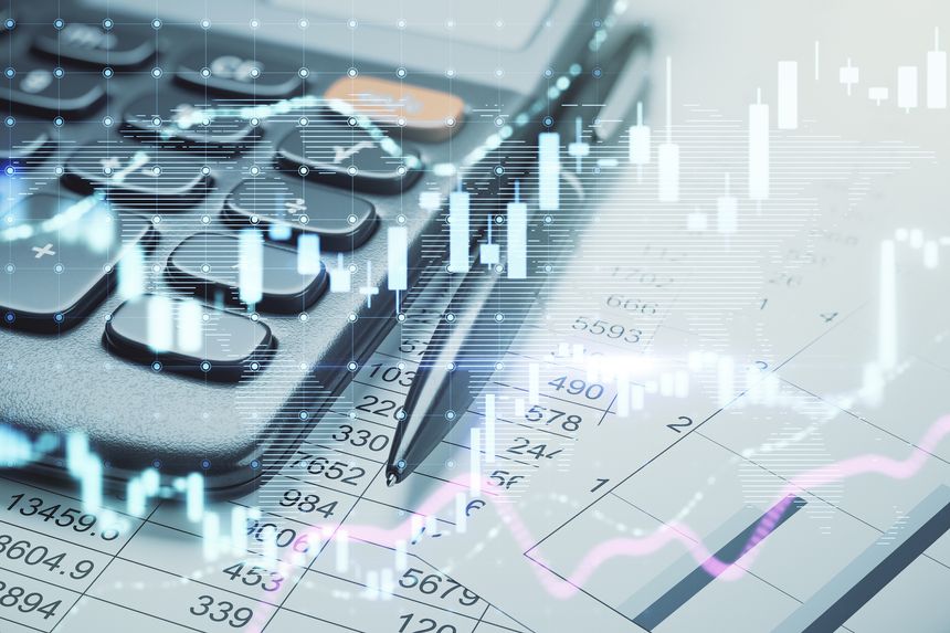 Calculator and pen on accounting documents with financial graphs overlay on light background. Concept of finance, business analysis, and investment