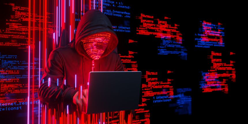 Hooded hacker working laptop, abstract data code background, red blue light. Cyber security, digital crime, network threat, data breach concept. Anonymity, dark web, internet, technology.