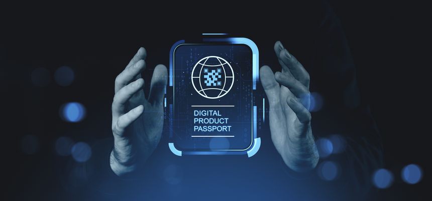 Human hands holding a glowing digital product passport icon, futuristic tech style, dark background, concept of traceability and innovation