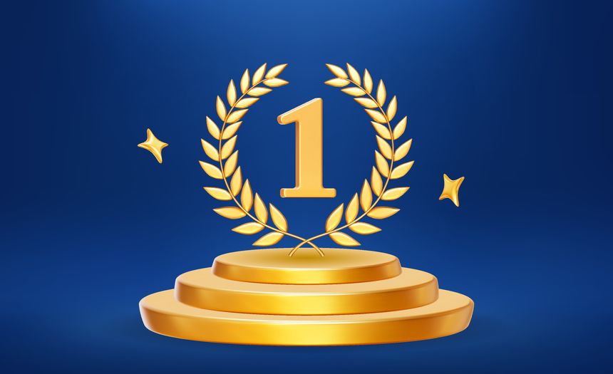 3d golden winners podium with gold number one and laurel wreath. Stock vector illustration on blue isolated background.