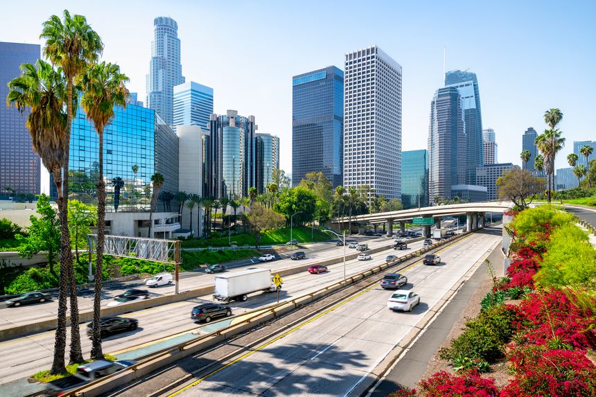 the skyline of los angeles with palm trees