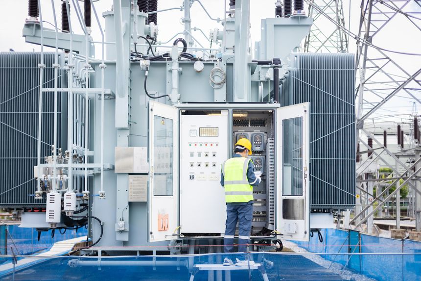 An engineer is working on high voltage power substation performing inspection and check to ensure infrastructure operates safely and efficiently in this industrial environment