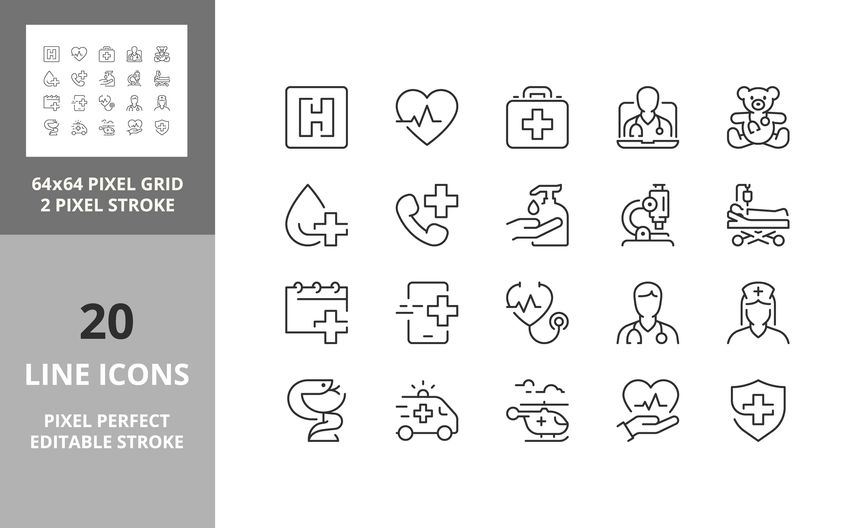 Hospital and medical care thin line icon set. Outline symbol collection. Editable vector stroke. 64 and 256 Pixel Perfect scalable to 128px