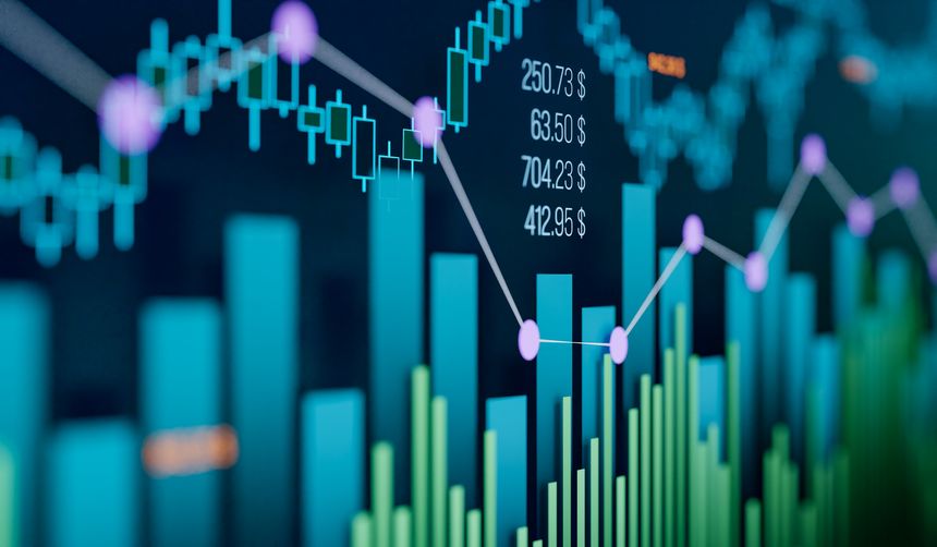 Close-up of charts, bar graph and business data. Abstract, financial figures, information, stock market and exchange concept. 3D illustration