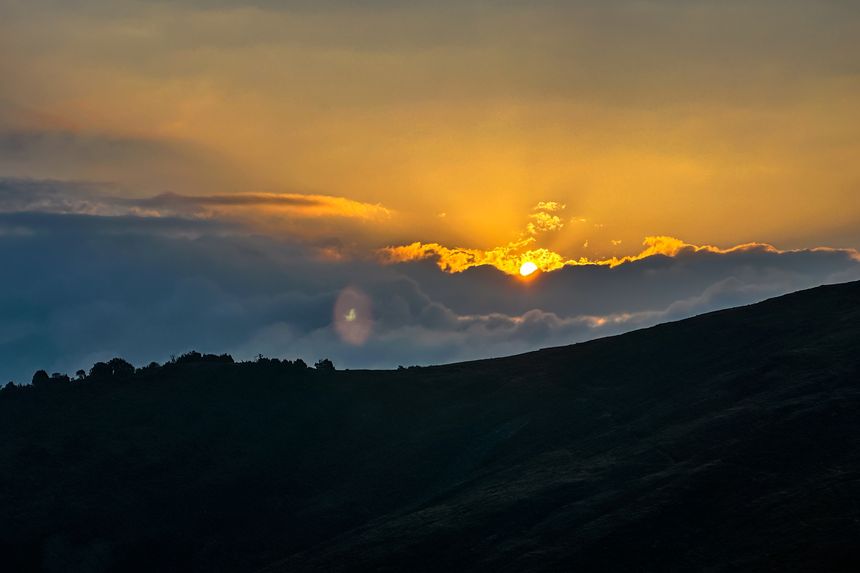 Landscape view of gloomy Sunrise over the Mountain in Dhading, Nepal.