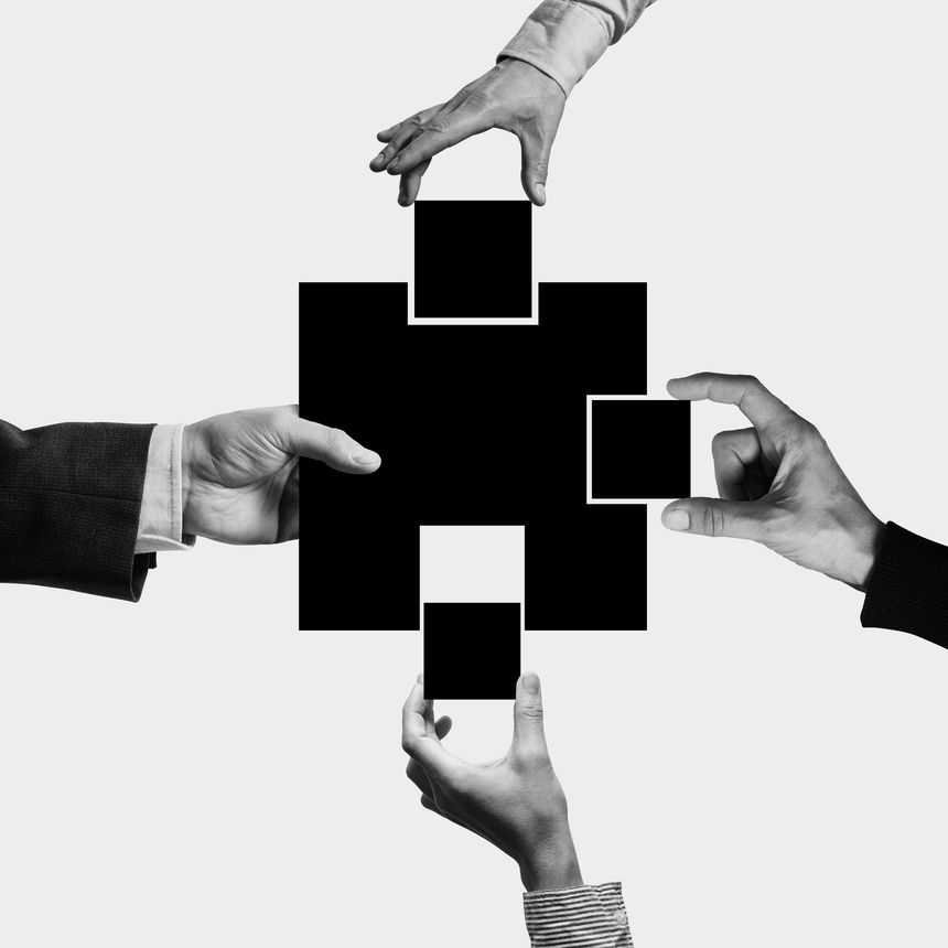 A large company buys up small ones. Art collage.