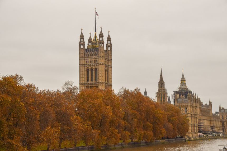London, UK - November 20 2021: trees next to the Palace of Westminster, Houses of Parliament, with autumn leaf colours.