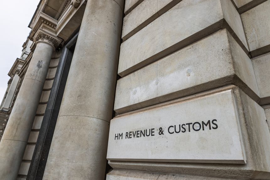 Close up of HM Revenue and Customs sign on a government building representing UK tax authority. London, UK, 16 March 2024