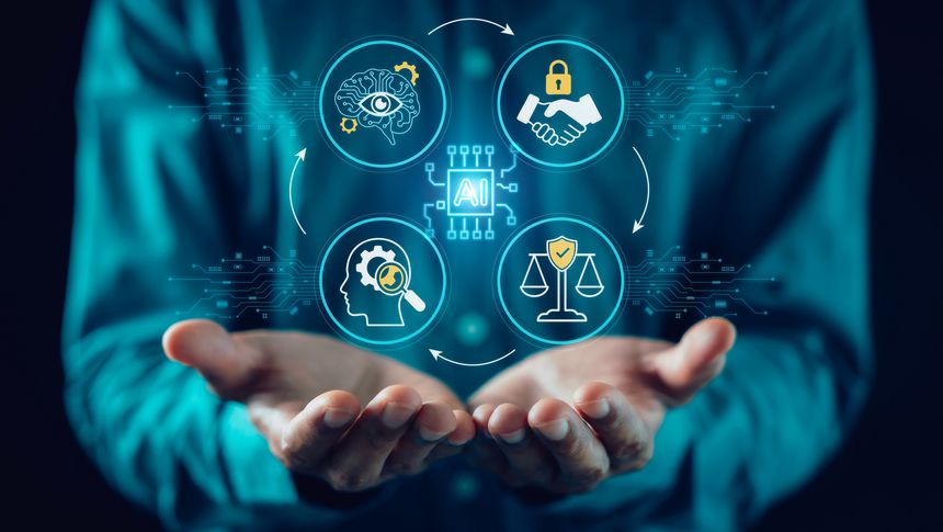 AI Governance and Human-in-the-loop ethical control concept. Professional using tablet and stylus to supervise artificial intelligence decision making, security, compliance, and transparency