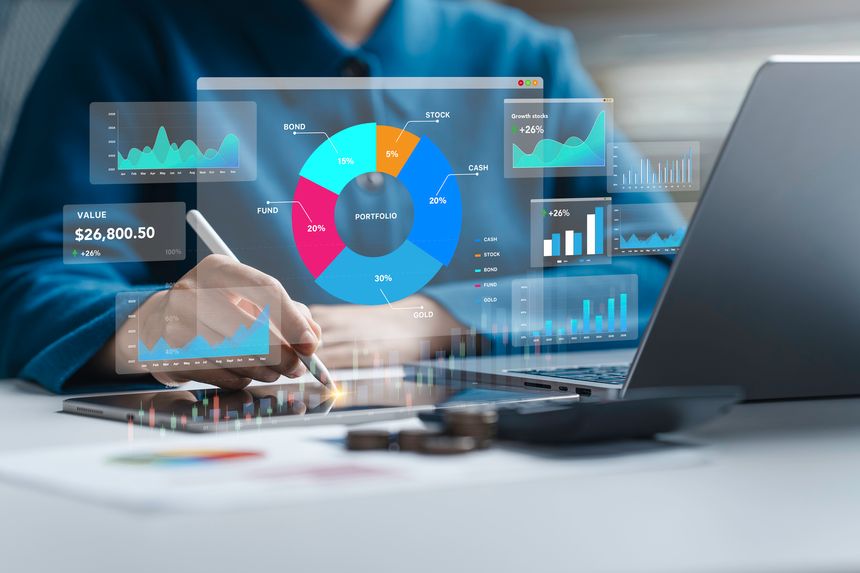 Investor use Strategy of diversified investment for managing portfolio. Asset management and rebalance, accounting and finance report concept.