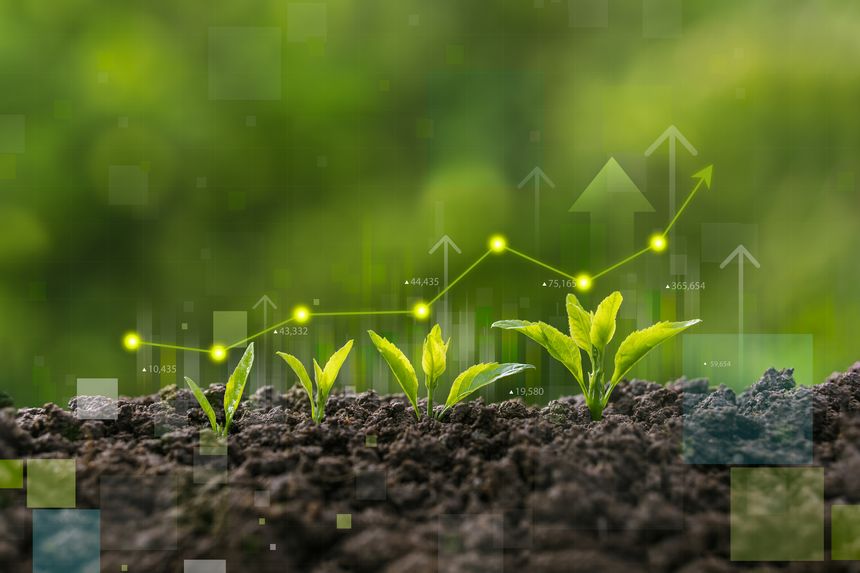 Sustainable green business growth and green investment ideas with enhanced financial charts, ESG and environmental responsibility concepts.