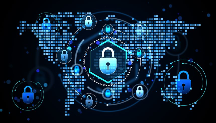 Digital padlocks over pixel world map in glowing blue light style on dark background, representing cybersecurity technology and data protection concept. 3D Rendering