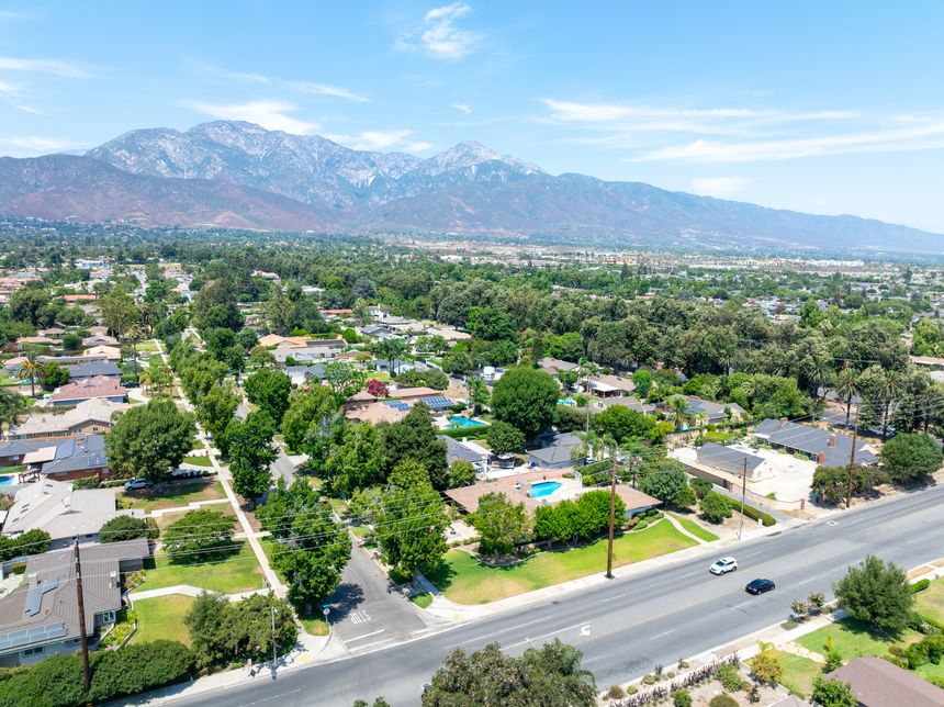 Aerial view of Upland city in San Bernardino County, California, on the border with neighboring Los Angeles County.