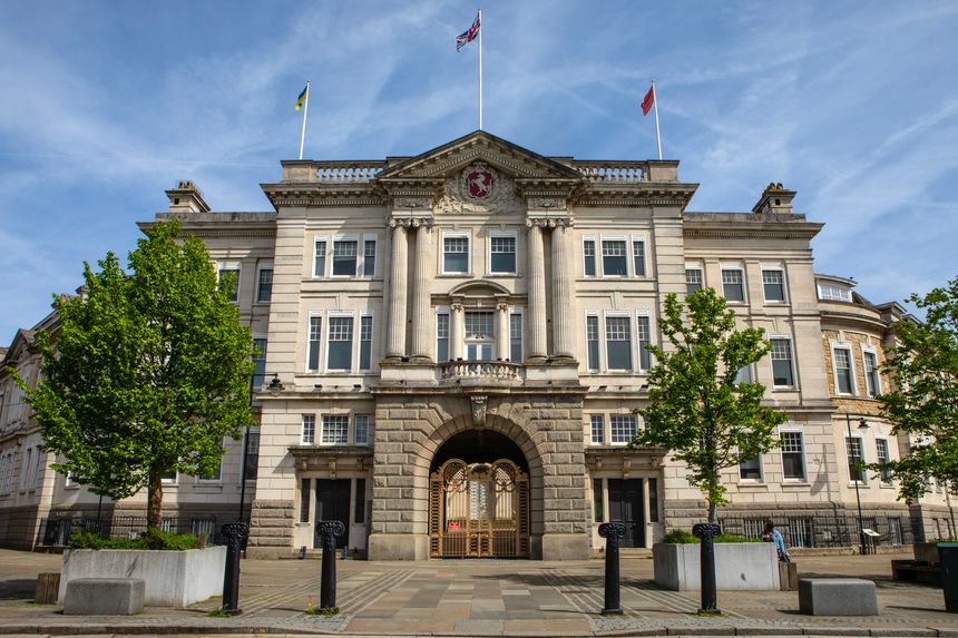 Kent, UK - April 13th 2024: The 1913 facade of County Hall, located on Sandling Road in the town of Maidstone in Kent, UK.