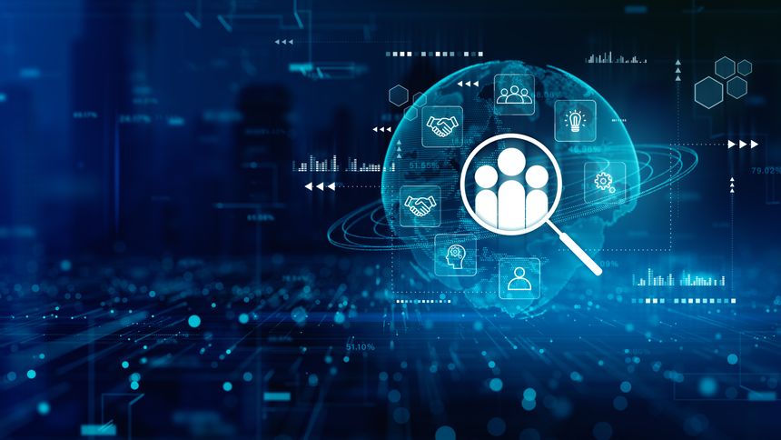 Human resources analytics and recruitment concept with global network, digital icons, and data interface for modern workforce solutions. 3d Rendering