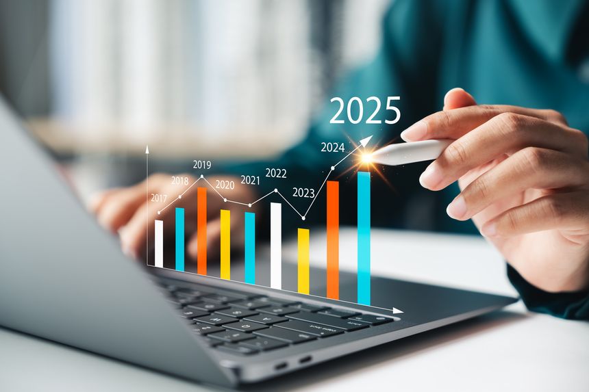 A businesswoman analyzes the profitability of operating companies using digital graphs, positive trends for 2025.