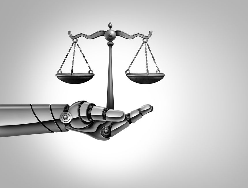 AI Lawyer Concept and artificial intelligence law and the legal system as ethical issues related to advanced machine learning and technology ethics in regards legal work and court proceedings.