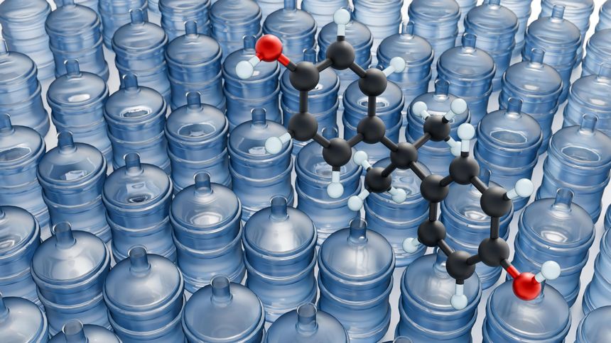 A 3d rendering of chemical structure of Bisphenol A or BPA molecule with a large plastic water gallon a typical reusable water gallon.