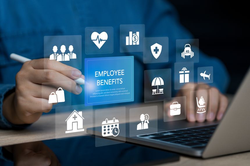 Employee benefits concept and access to welfare health, Fringe benefits for employee engagement. Insurance, paid vacation, office perks. Businessman using laptop to electronic on screen.