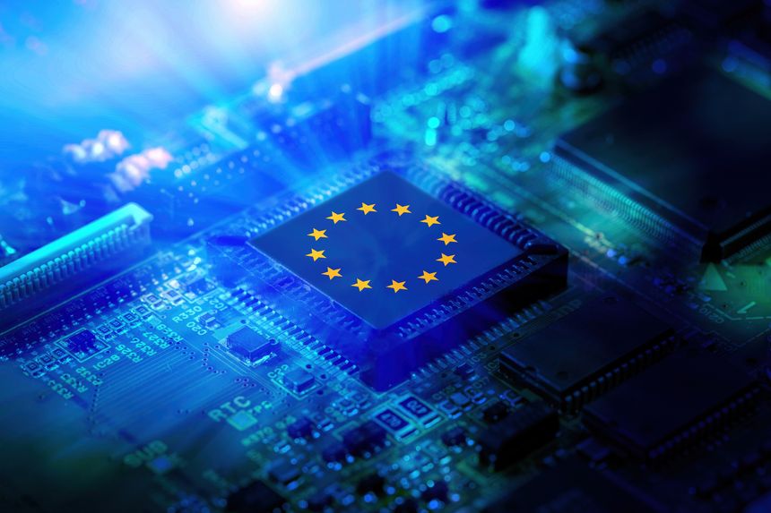EU flag on a CPU processor. European chip manufacturer concept, GPU microchip on a motherboard.