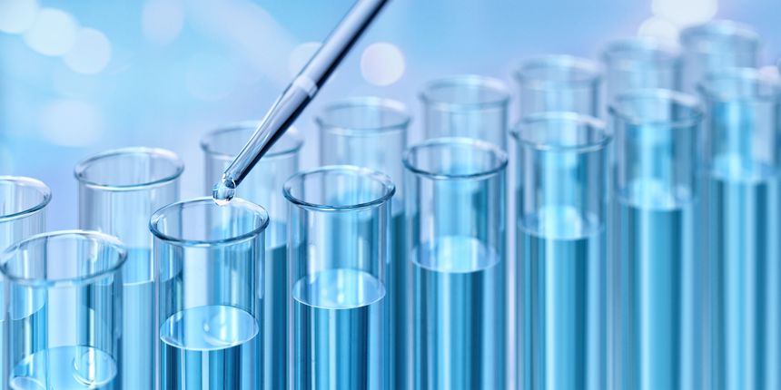 Test tubes filled with blue liquid. A pipette is dispensing a droplet. Scientific chemistry research, analysis. Laboratory setting, medicine development, biotechnology, pharmaceutical, medical lab, 3D illustration