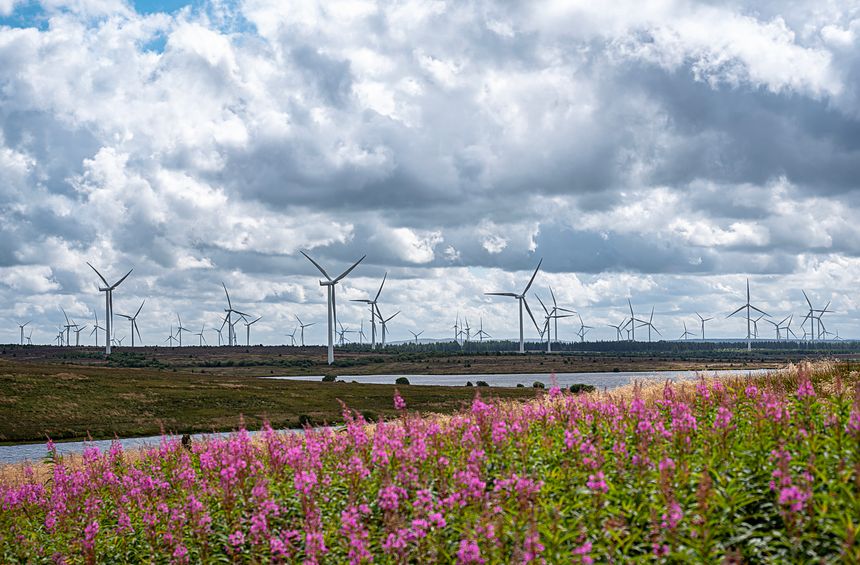 Landscape photography of wind turbine; windmill; wind power; power generation; electricity; industry; innovation; green energy; Whitelee Windfarm, Scotland