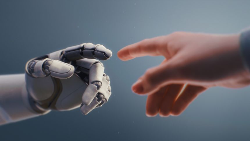 Futuristic Concept of Humanity and Artificial Intelligence Collaboration: Visualization of Humanoid Robot and Human Touching Fingertips, Creating Glowing Light. People and Robots Working Together.