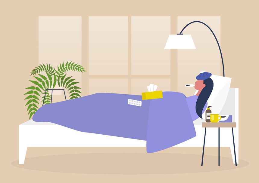 Young female sick character resting in bed, bedroom interior, quarantine, medical treatment