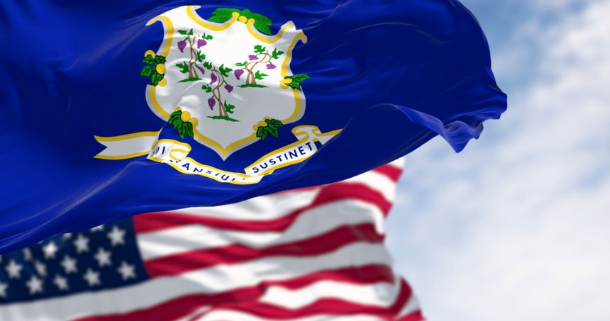 High-detail 3D render of Connecticut flag fluttering in front of US flag. Symbol of patriotism, unity, and identity. Suitable for politics, history, and national celebrations.