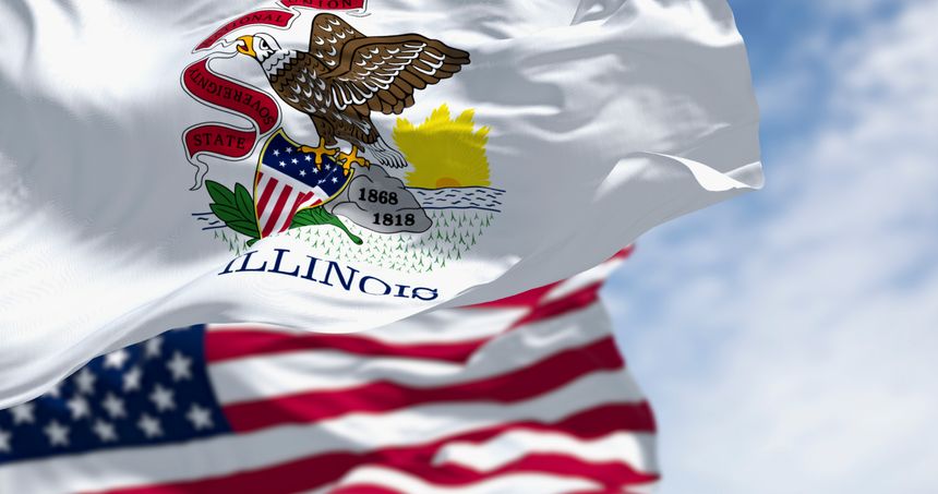 The flag of the state of Illinois, featuring the state seal with a bald eagle, waving with the national USA flag blurred in the background. Concept of federalism and patriotism. 3D illustration.
