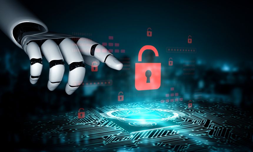 This striking 3D render captures a robotic hand's finger hovering over a vibrant, glowing red digital lock icon, which is centrally positioned above a complex, illuminated circuit board. The background features binary code and subtle representations of secured data, including small lock icons and password fields, all rendered in a dark, high-tech aesthetic. This image powerfully visualizes concepts of cybersecurity, digital protection, artificial intelligence in security systems, data privacy, and the safeguarding of sensitive information in the digital age. It is perfect for articles and presentations on IT security, AI's role in defense, data encryption, and the future of online safety.