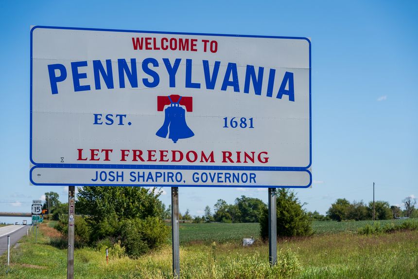 Gettysburg, Pa, USA - August 27, 2025: The Welcome to Pennsylvania sign is located on Route 15 near the Mason-Dixon line.